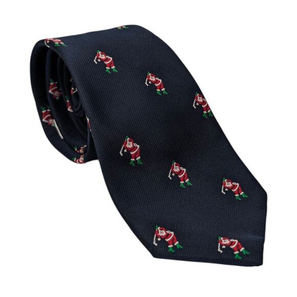 Johnny Appleseeds Santa Golf Tie Mens Navy Printed Silk Blend Christmas Necktie - Picture 2 of 8